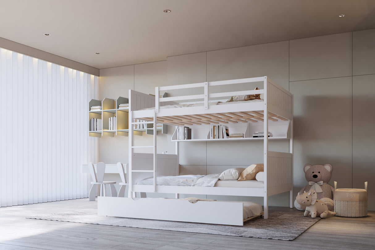 White Full Over Full Bunk Bed with Trundle & Storage Shelf