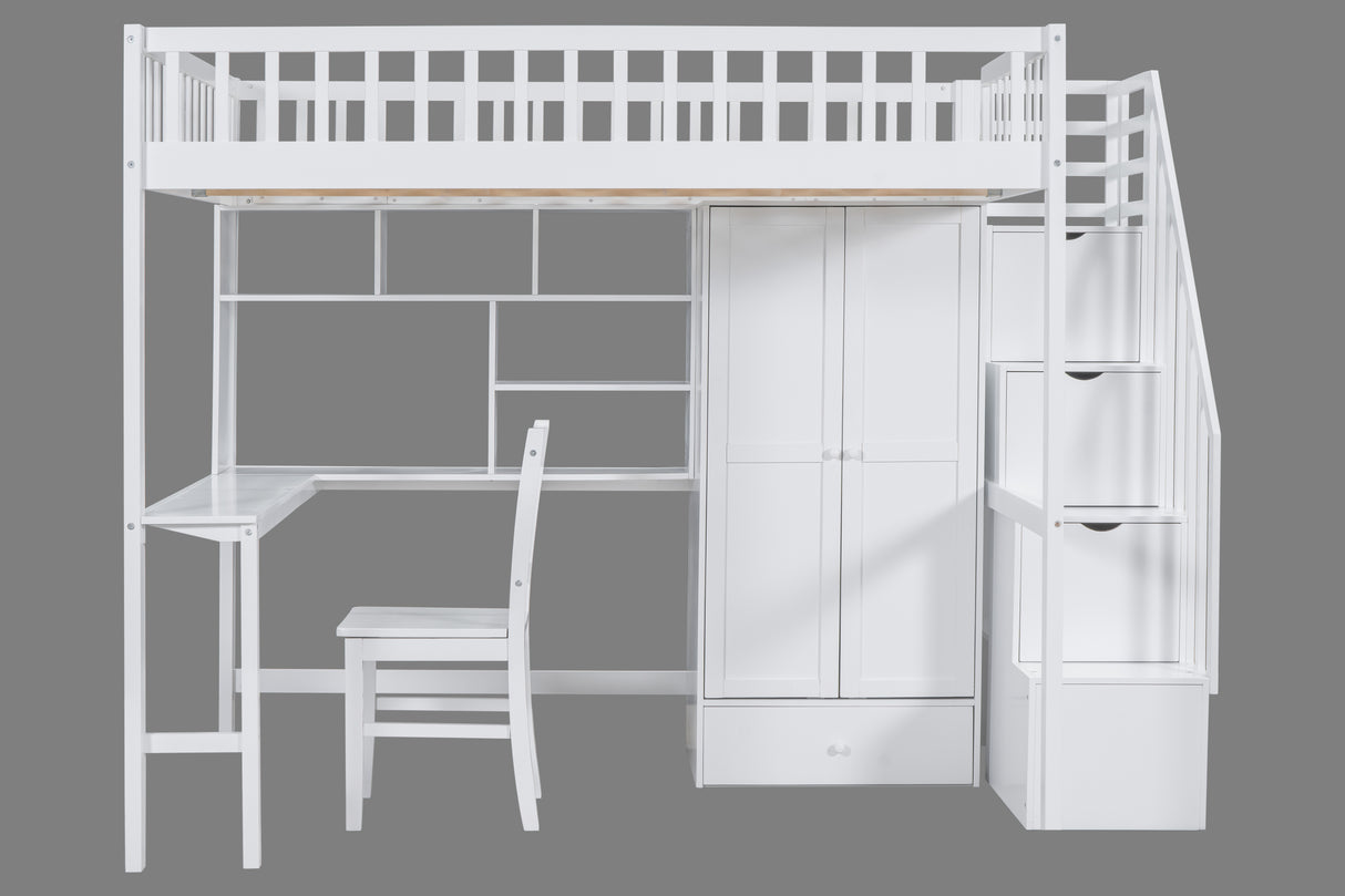 Full-Size Loft Bed with Built-in Desk, Bookshelf, Wardrobe, and Chair by Mollai Collections | Bel Furniture