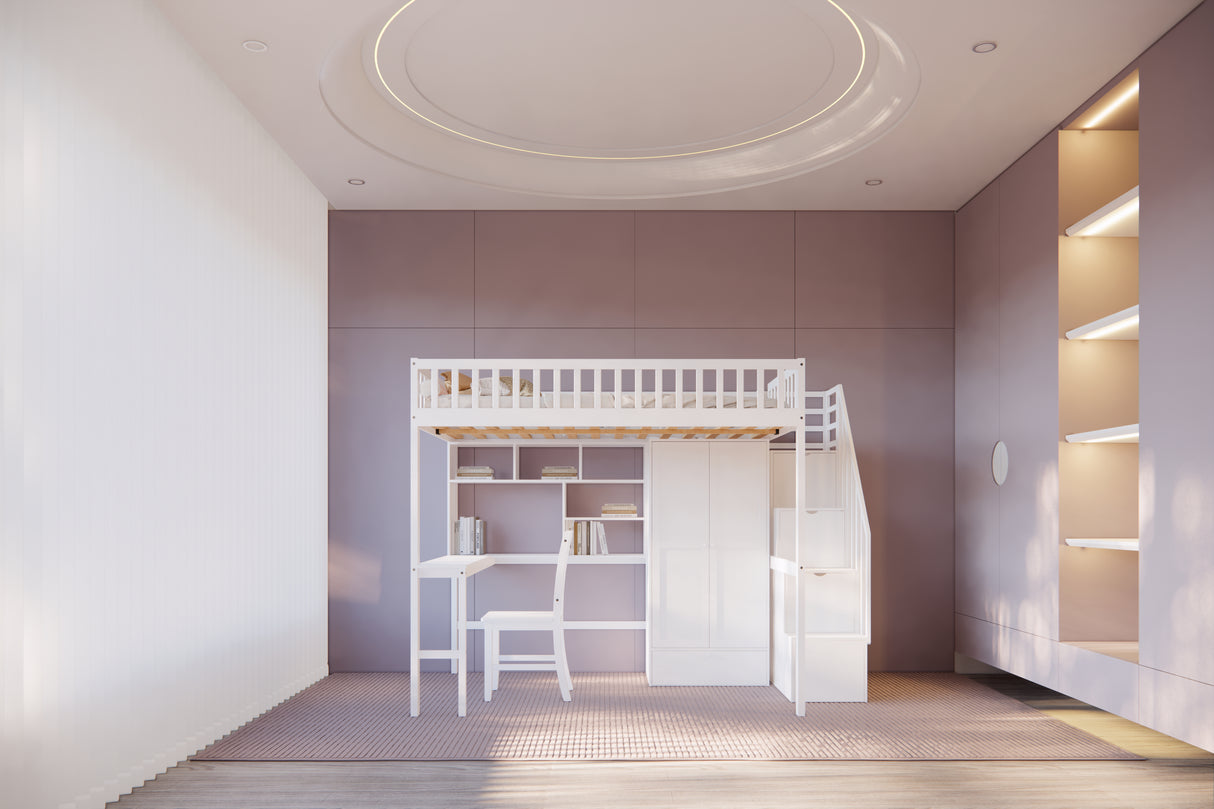 Full-Size Loft Bed with Built-in Desk, Bookshelf, Wardrobe, and Chair by Mollai Collections | Bel Furniture