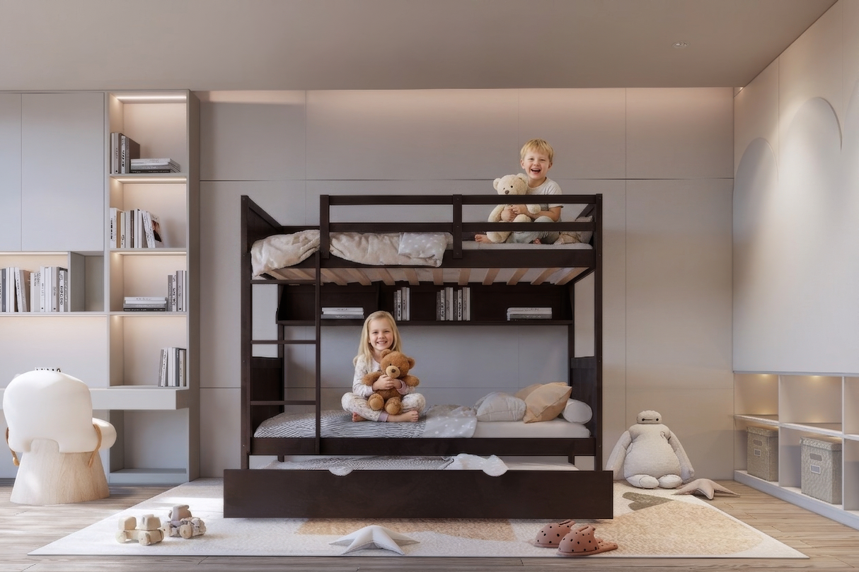 Espresso Twin-Over-Twin Bunk Bed with Bookshelf & Roll-Out Trundle