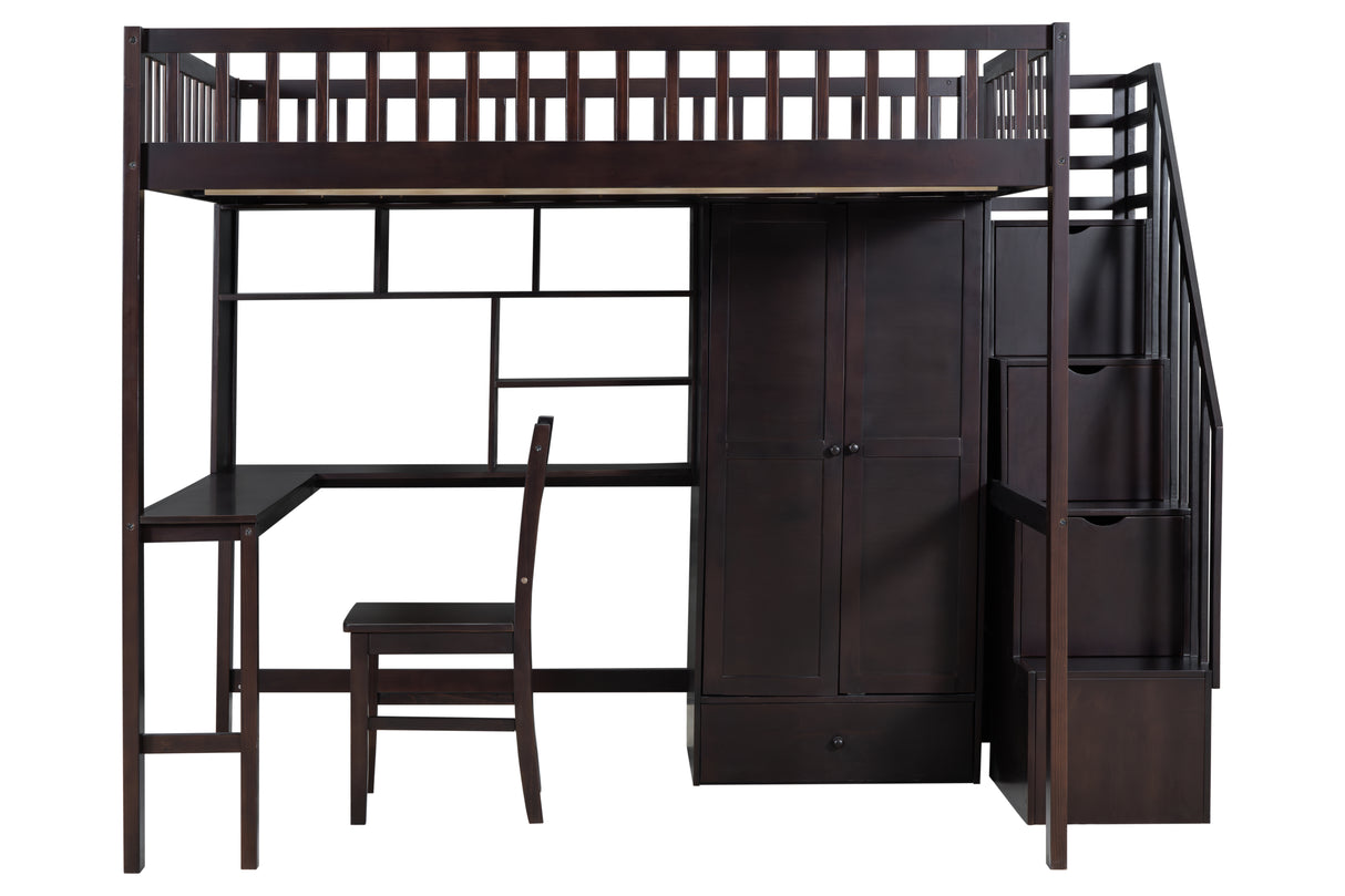 Full-Size Loft Bed with Built-in Desk, Bookshelf, Wardrobe, and Chair by Mollai Collections | Bel Furniture