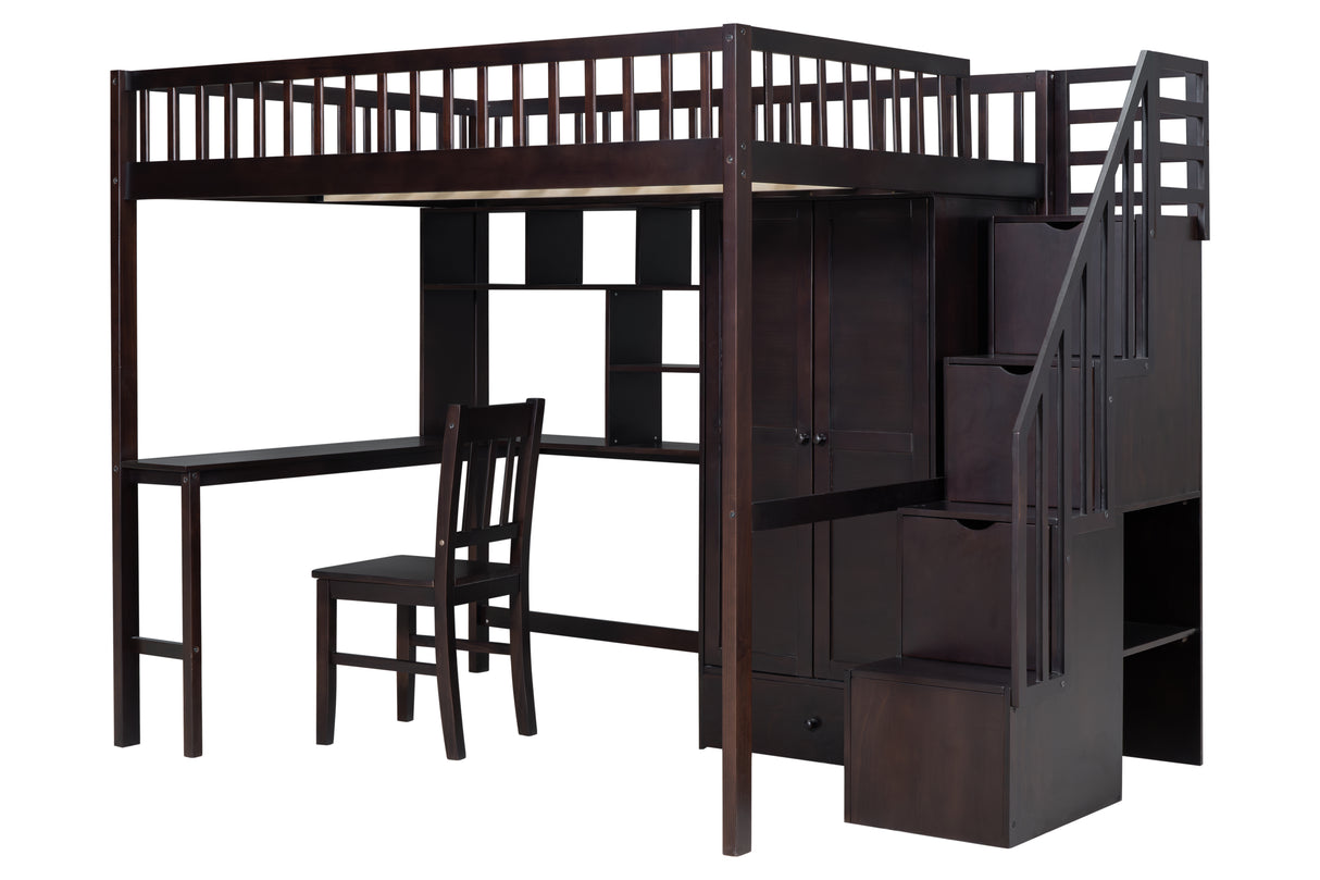 Full-Size Loft Bed with Built-in Desk, Bookshelf, Wardrobe, and Chair by Mollai Collections | Bel Furniture