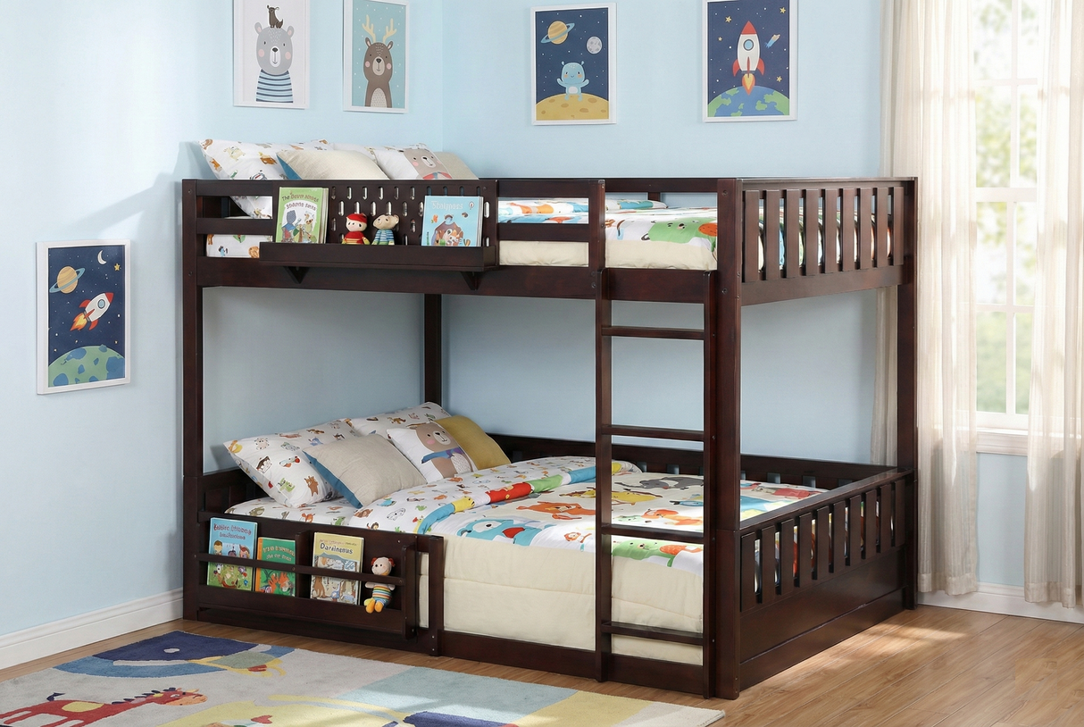 Espresso Full-Over-Full Bunk Bed with Built-In Bookshelf, Guardrail, and Ladder