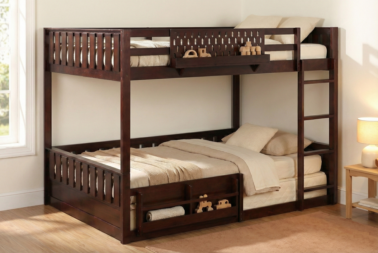 Espresso Full-Over-Full Bunk Bed with Built-In Bookshelf, Guardrail, and Ladder