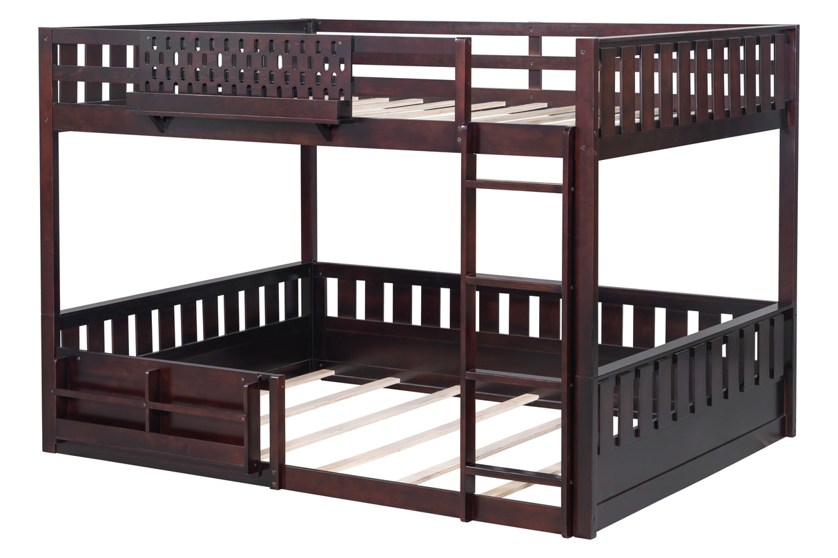 Espresso Queen-Over-Queen Bunk Bed with Built-In Bookshelves, Guardrail, and Ladder