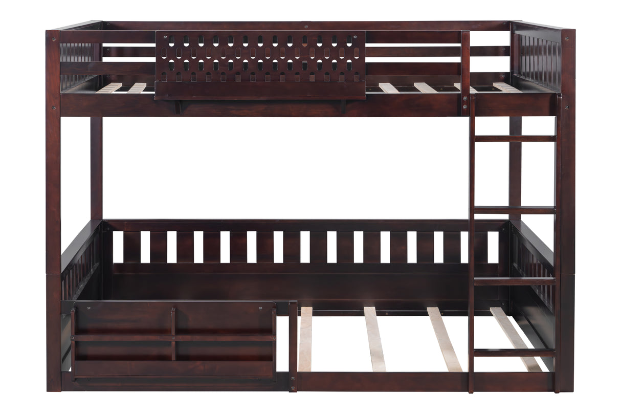 Espresso Queen-Over-Queen Bunk Bed with Built-In Bookshelves, Guardrail, and Ladder
