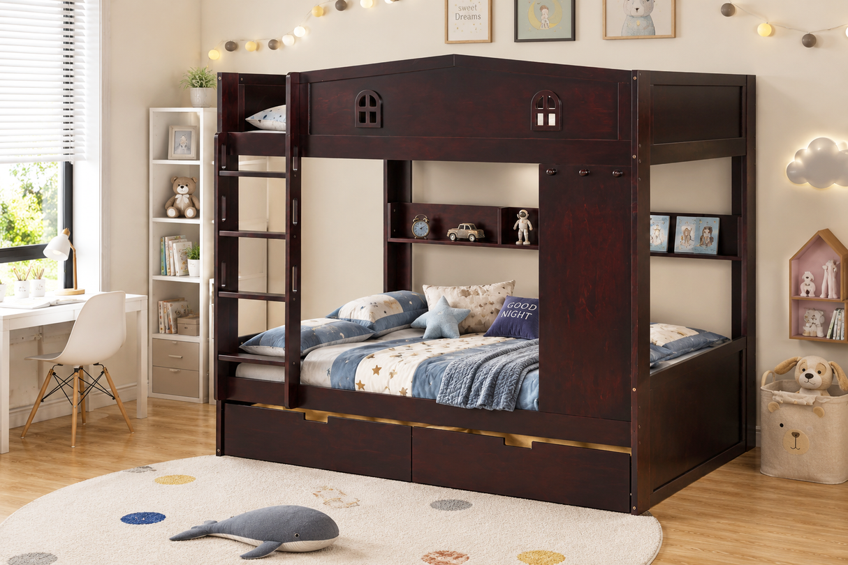 Dark Espresso Cottage Full-over-Full Bunk Bed with 2 Storage Drawers