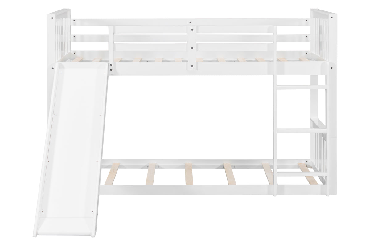 White Twin-over-Twin Low Bunk Bed with Slide, Ladder & Guardrails