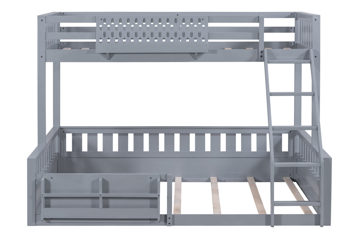 Twin Over Queen Bunk Bed with Ladder and Book Storage Shelf - Gray