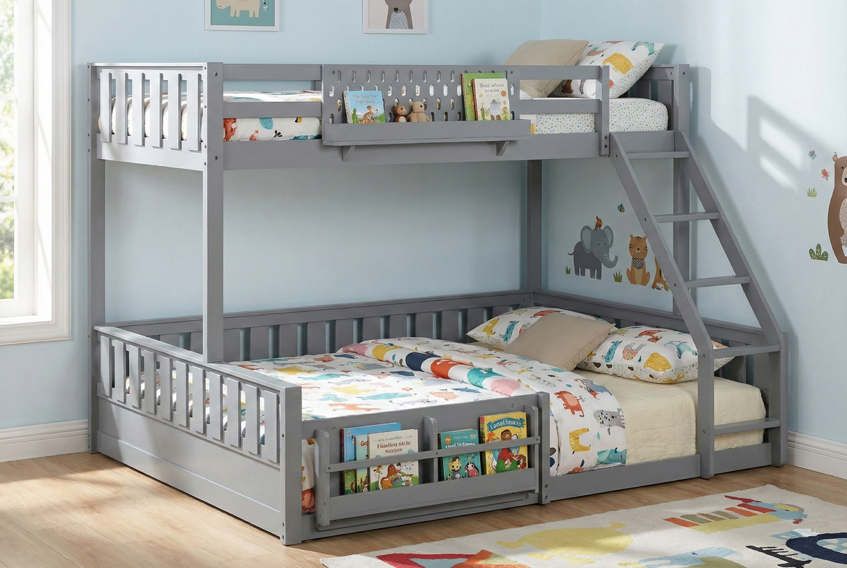 Twin Over Queen Bunk Bed with Ladder and Book Storage Shelf - Gray