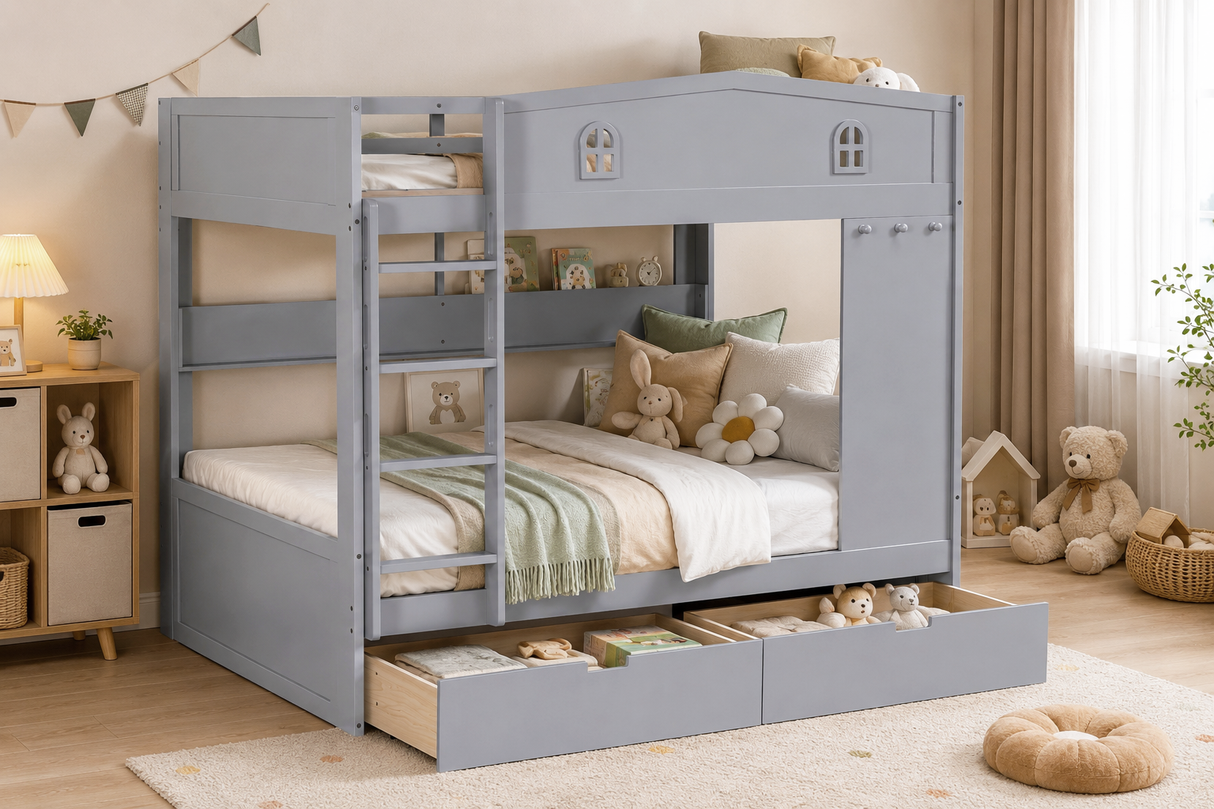 Gray Cottage House-Style Full-over-Full Bunk Bed with 2 Storage Drawers
