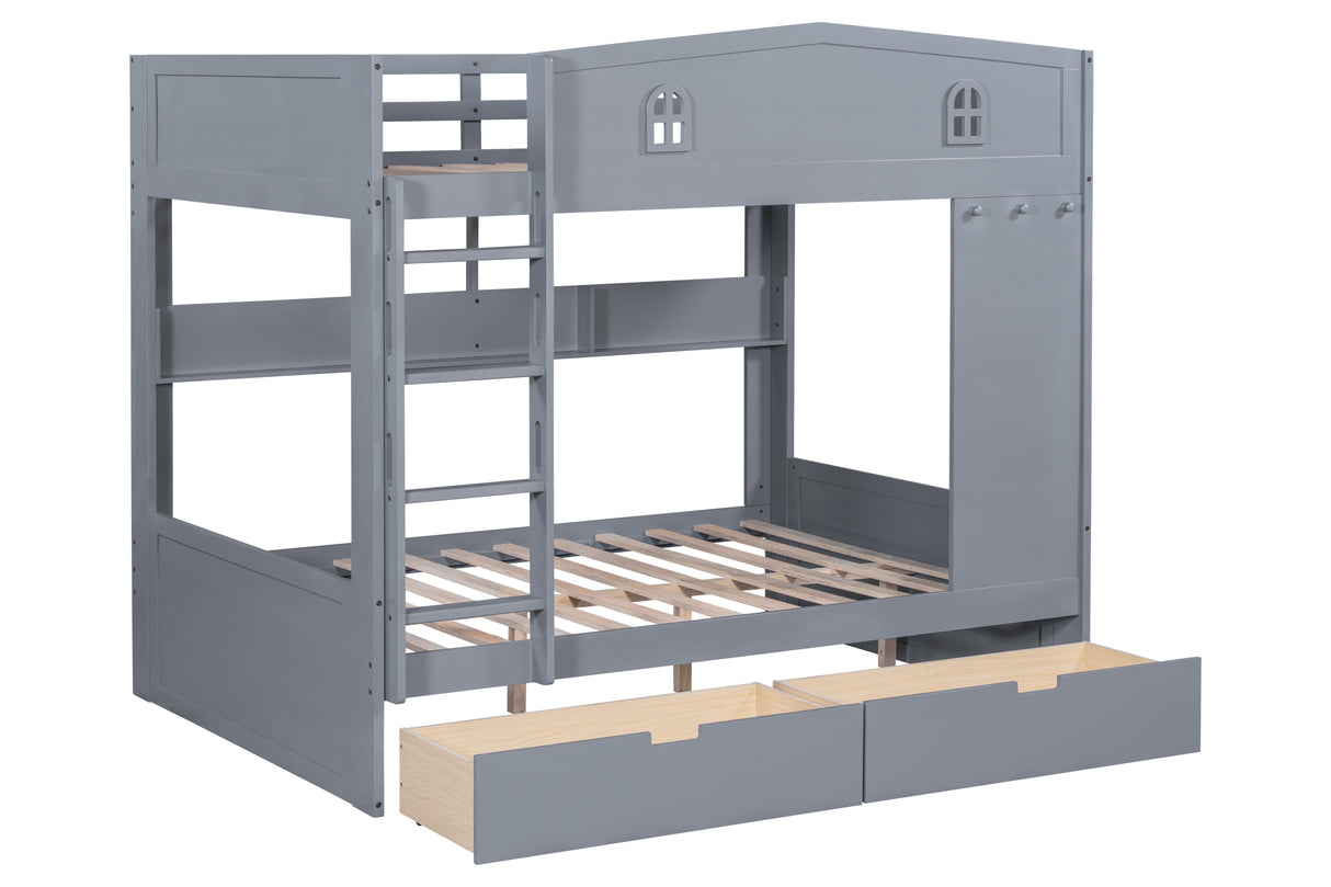 Gray Cottage House-Style Full-over-Full Bunk Bed with 2 Storage Drawers