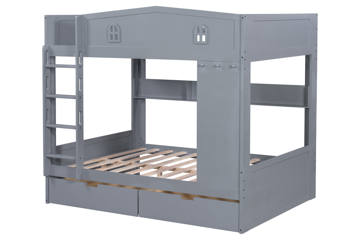 Gray Cottage House-Style Full-over-Full Bunk Bed with 2 Storage Drawers