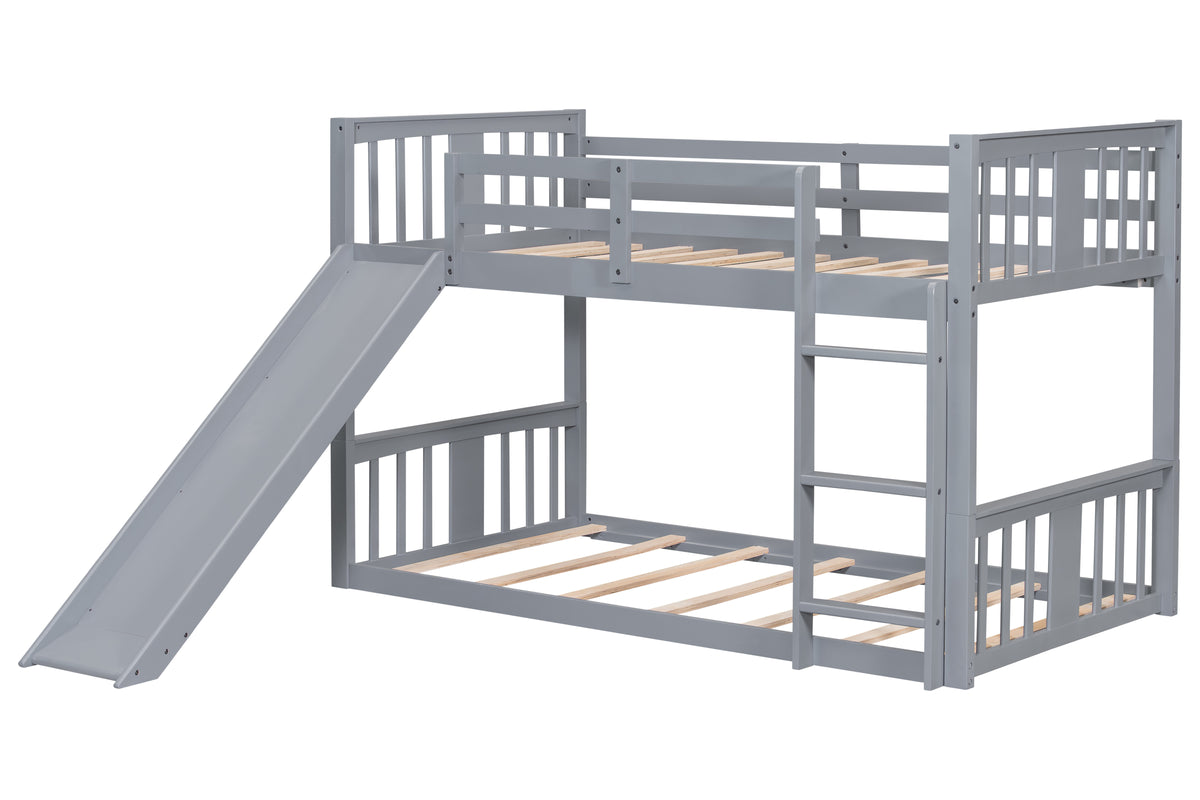Gray Twin-over-Twin Low Bunk Bed with Slide, Ladder & Guardrails