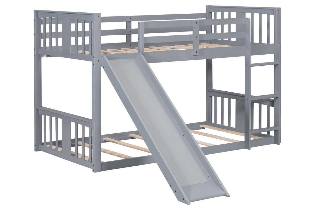 Gray Twin-over-Twin Low Bunk Bed with Slide, Ladder & Guardrails