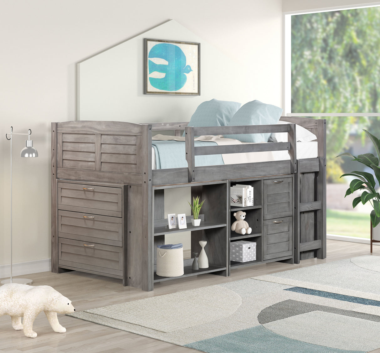 5-Piece Twin-Size Loft Storage Bed with Shelves