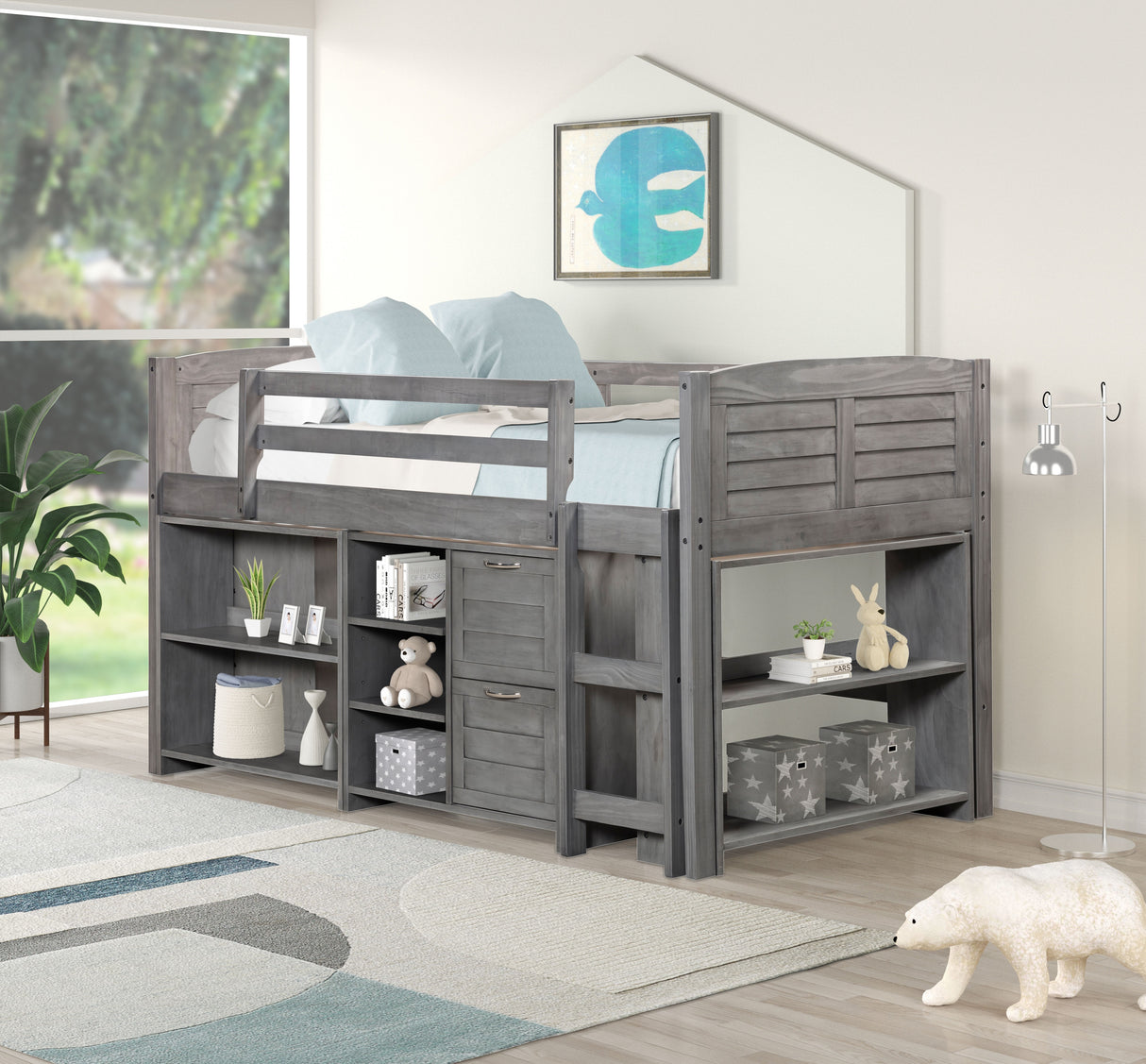 5-Piece Twin-Size Loft Storage Bed with Shelves