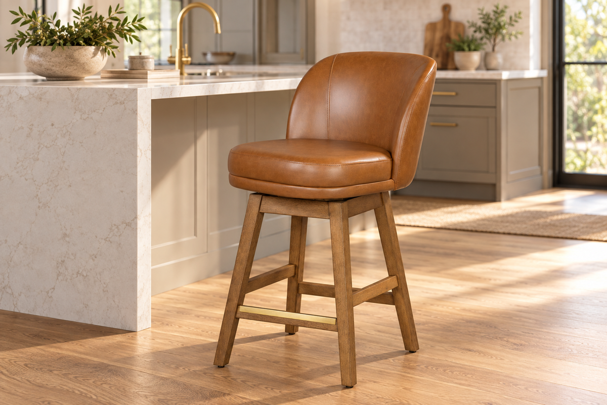 Brown Upholstered Swivel Bar Stool with Curved Back, Natural Wood Frame & Gold-Tone Footrest
