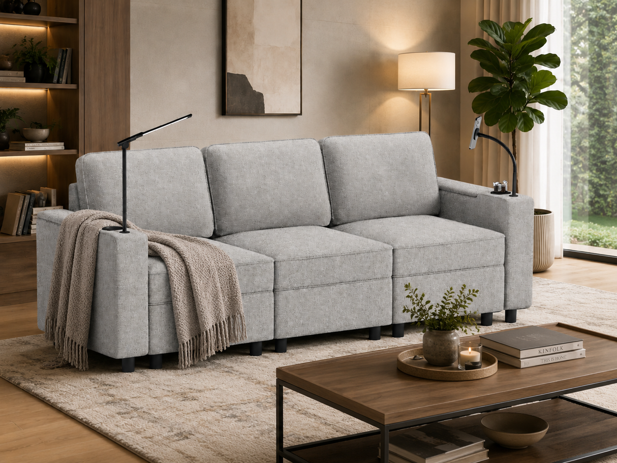 Gray Fabric Sofa with Built-In Arm Lights, Phone Holder & Modern 3-Seat Design