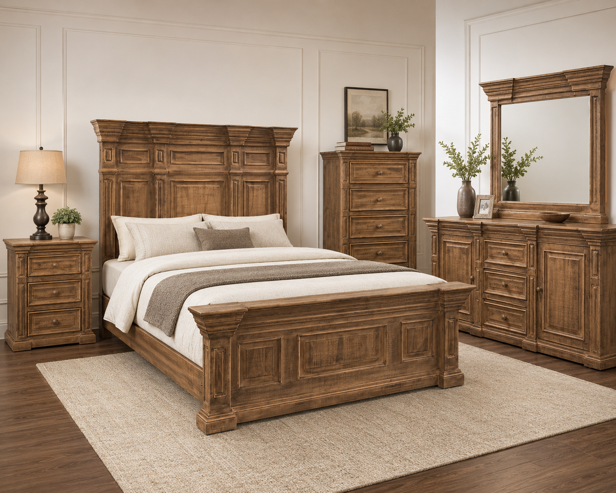 Traditional Rustic Natural Wood 6 Piece Bedroom Set with Panel Bed, Dresser, Mirror & Nightstand