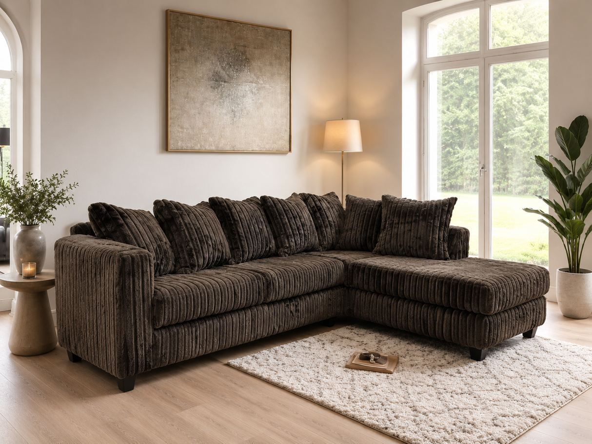 Chocolate 2 Piece Ribbed Sectional Sofa with Chaise and Plush Channel Upholstery
