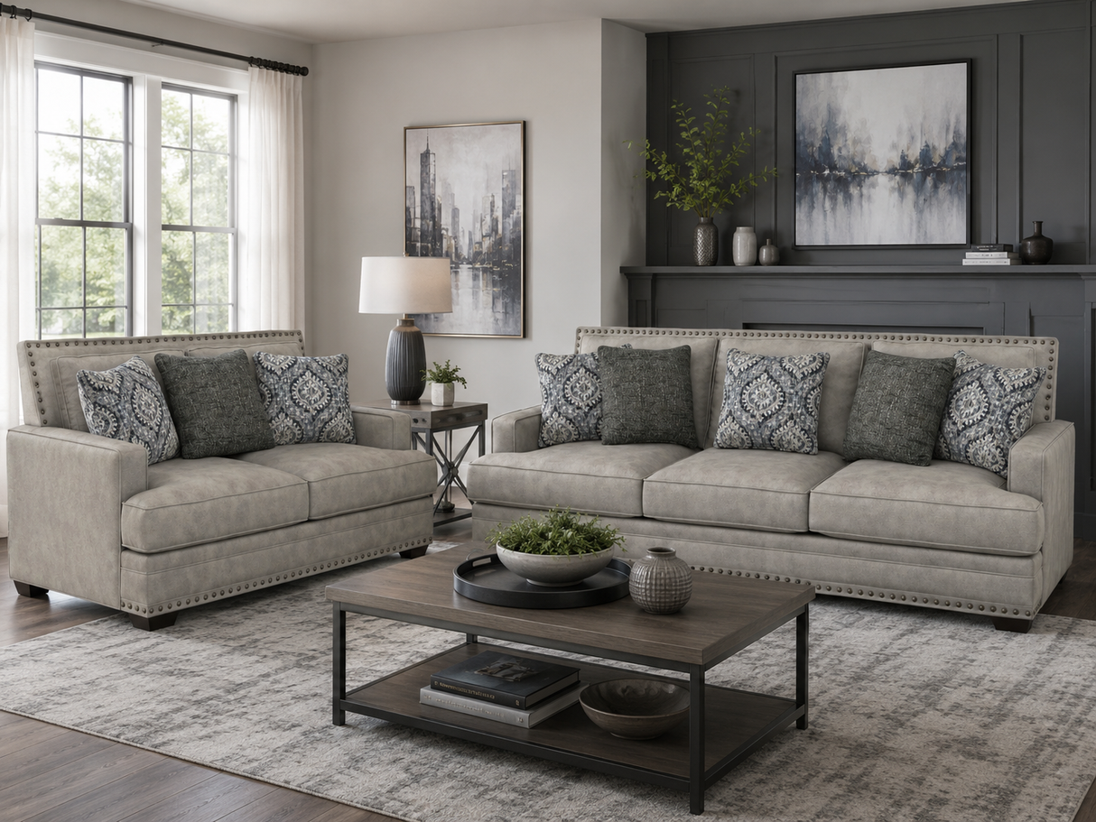Transitional Gray 2 Piece Sofa and Loveseat Set with Nailhead Trim