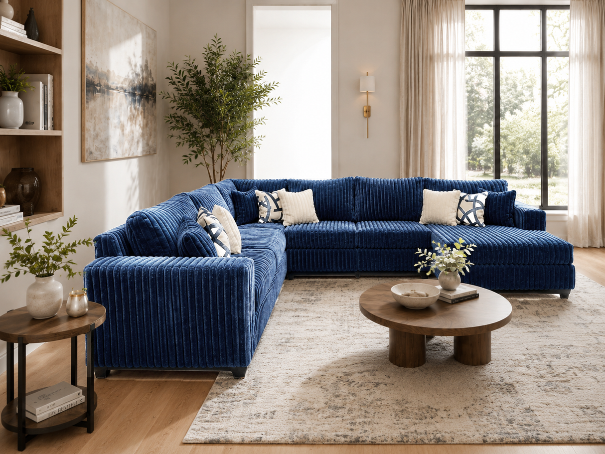 Modern Navy Blue Plush Corduroy 4 Piece Sectional Sofa with LAF Sofa, 2 Armless Chairs, RAF Chaise & 9 Pillows