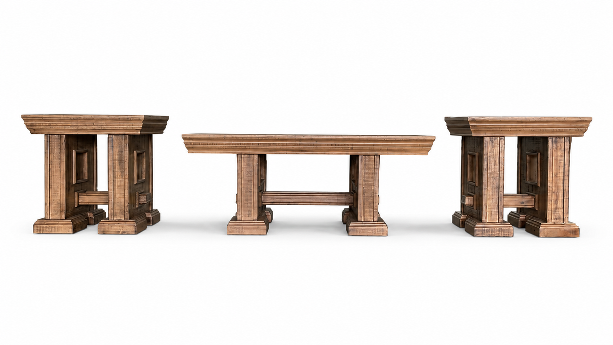 Rustic Brown Farmhouse 3-Piece Coffee Table Set with Pedestal Design