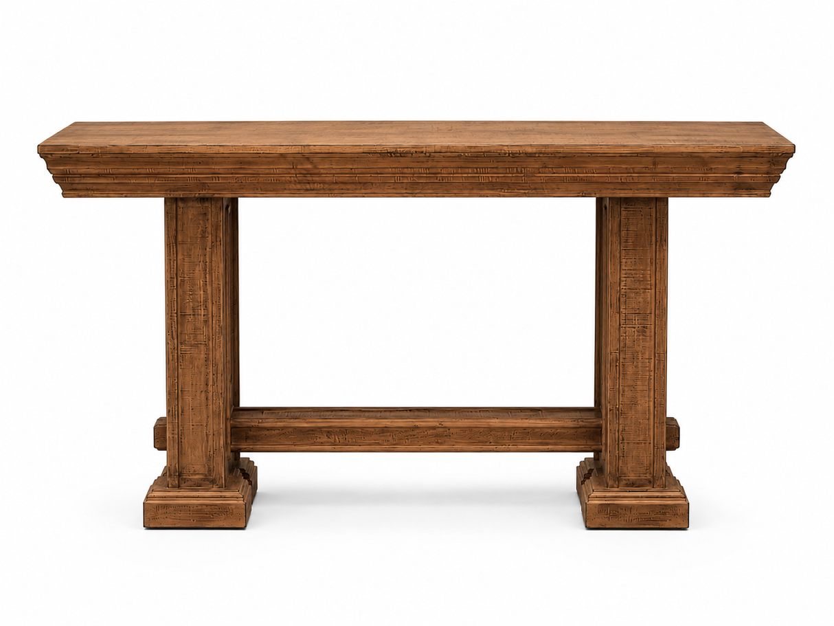 Rustic Brown Farmhouse Sofa Table with Pedestal Base Design