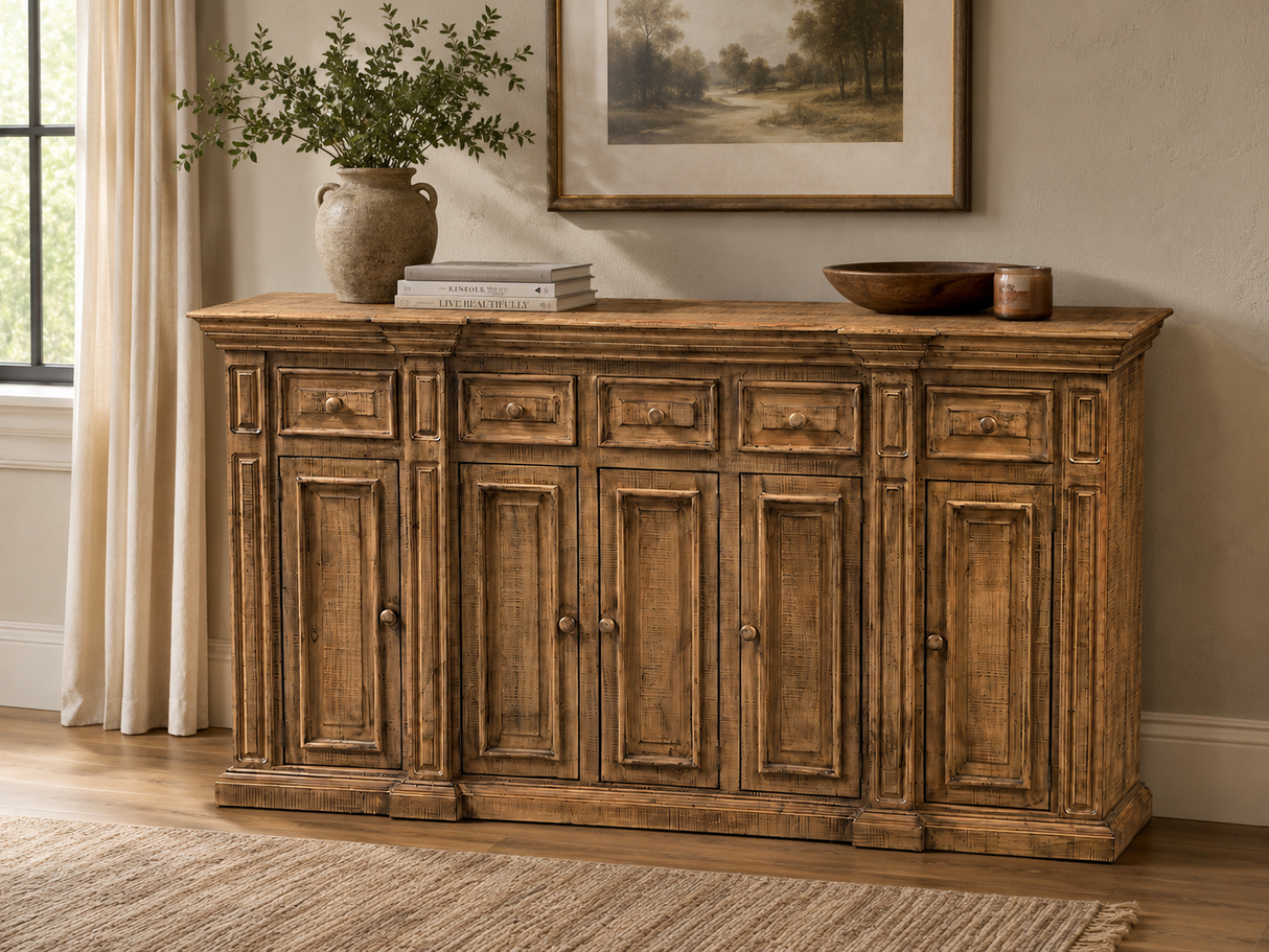 Rustic Solid Wood Brown Farmhouse 80-Inch Sideboard Cabinet with Door & Drawer Storage