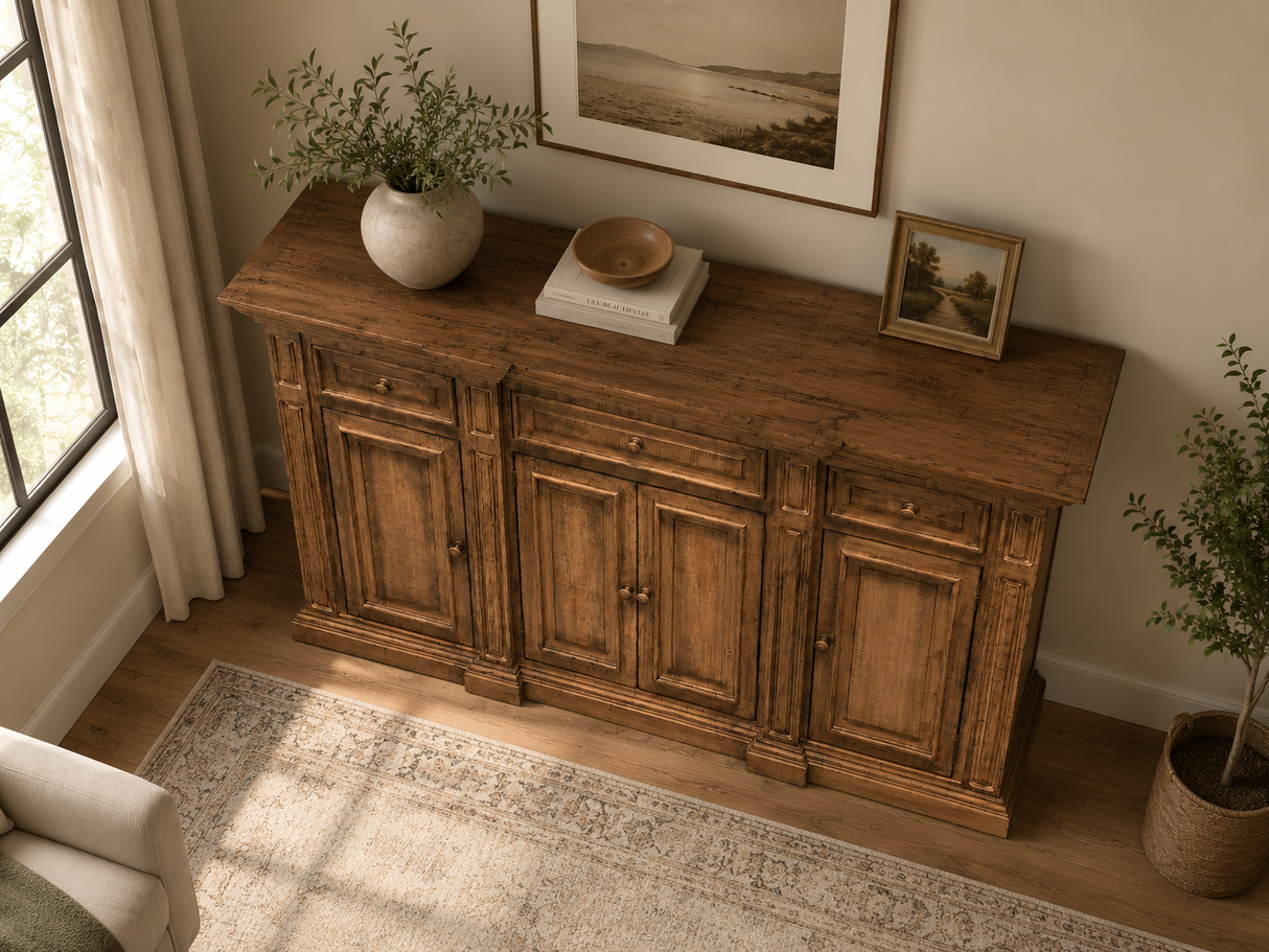 Rustic Solid Wood 75" Buffet Server in Distressed Honey Brown