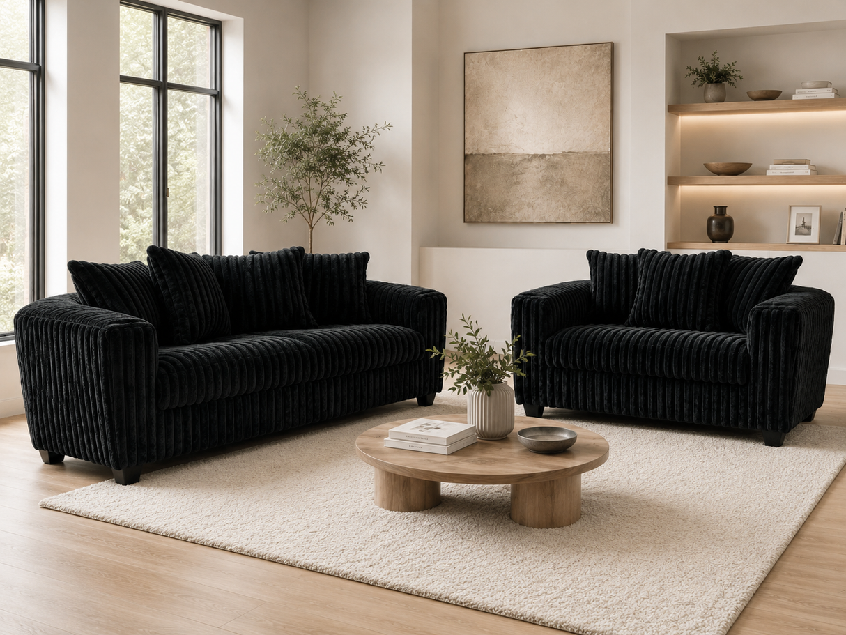 Contemporary Black Corduroy Fabric 2-Piece Sofa and Loveseat Set
