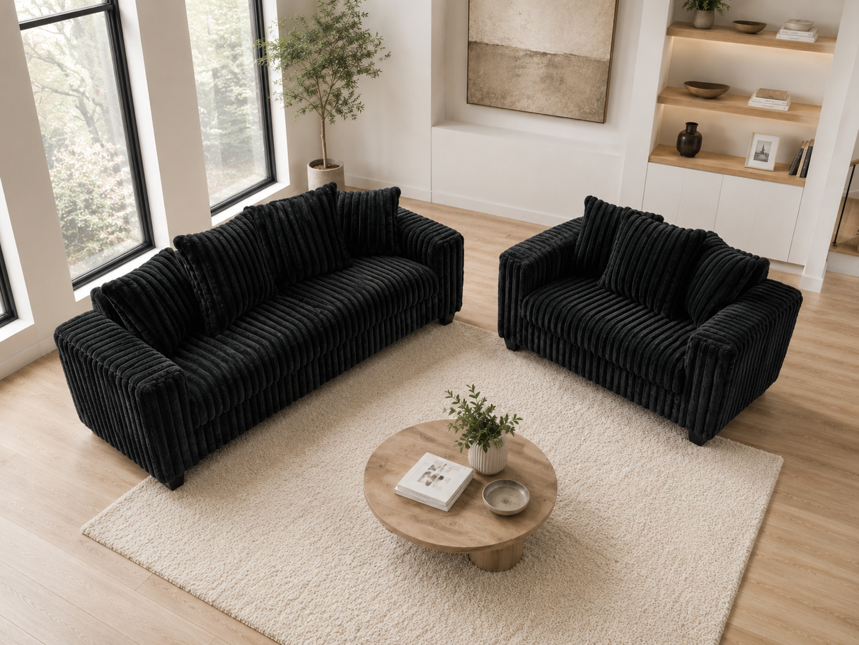 Contemporary Black Corduroy Fabric 2-Piece Sofa and Loveseat Set