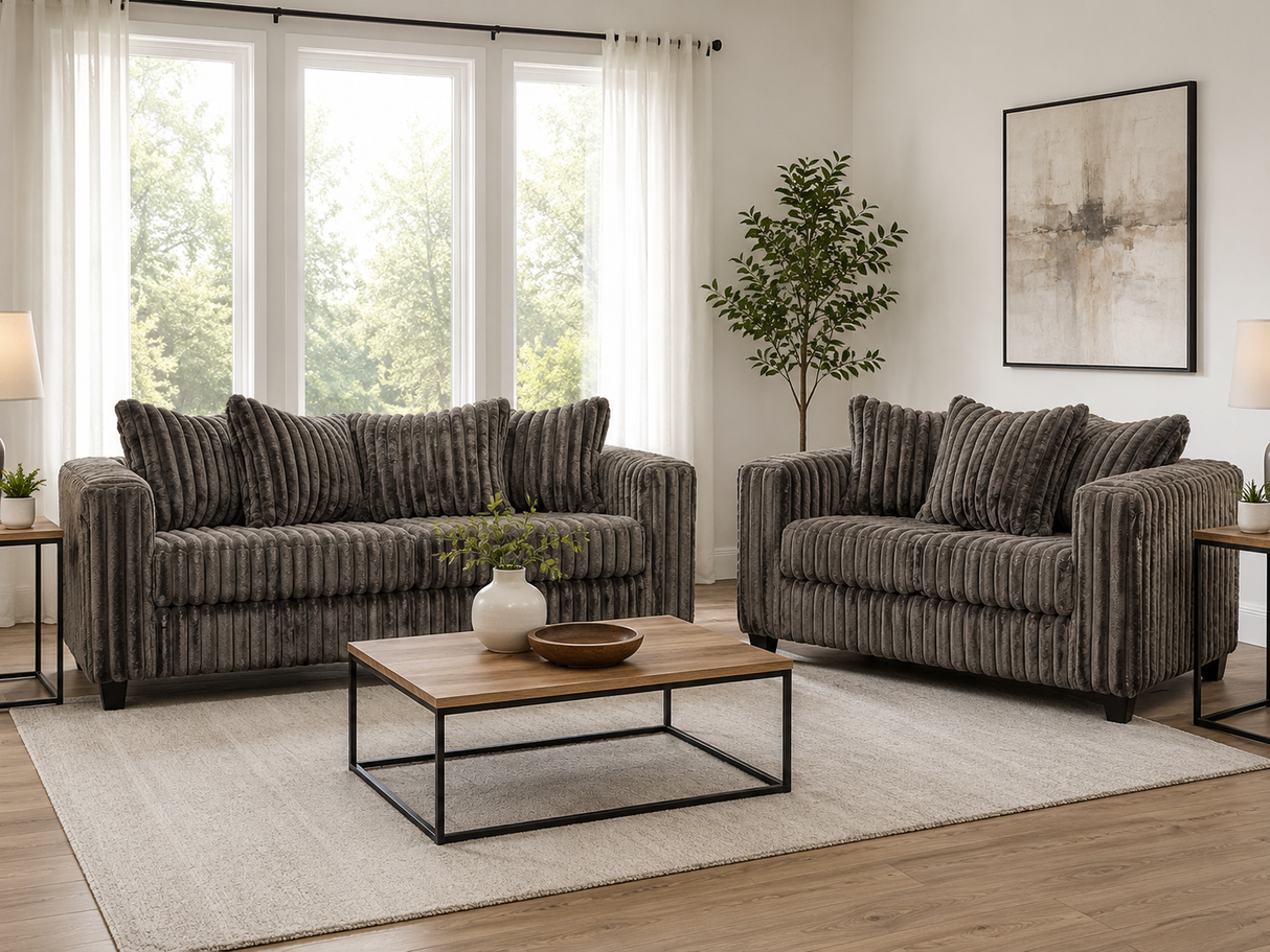 Contemporary Chocolate Corduroy Fabric 2-Piece Sofa and Loveseat Set