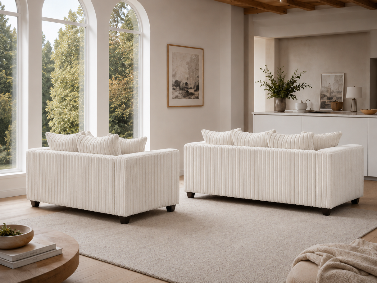Modern Cream Ribbed Plush Fabric 2-Piece Sofa and Loveseat Set