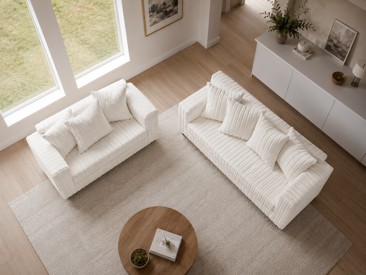 Modern Cream Ribbed Plush Fabric 2-Piece Sofa and Loveseat Set
