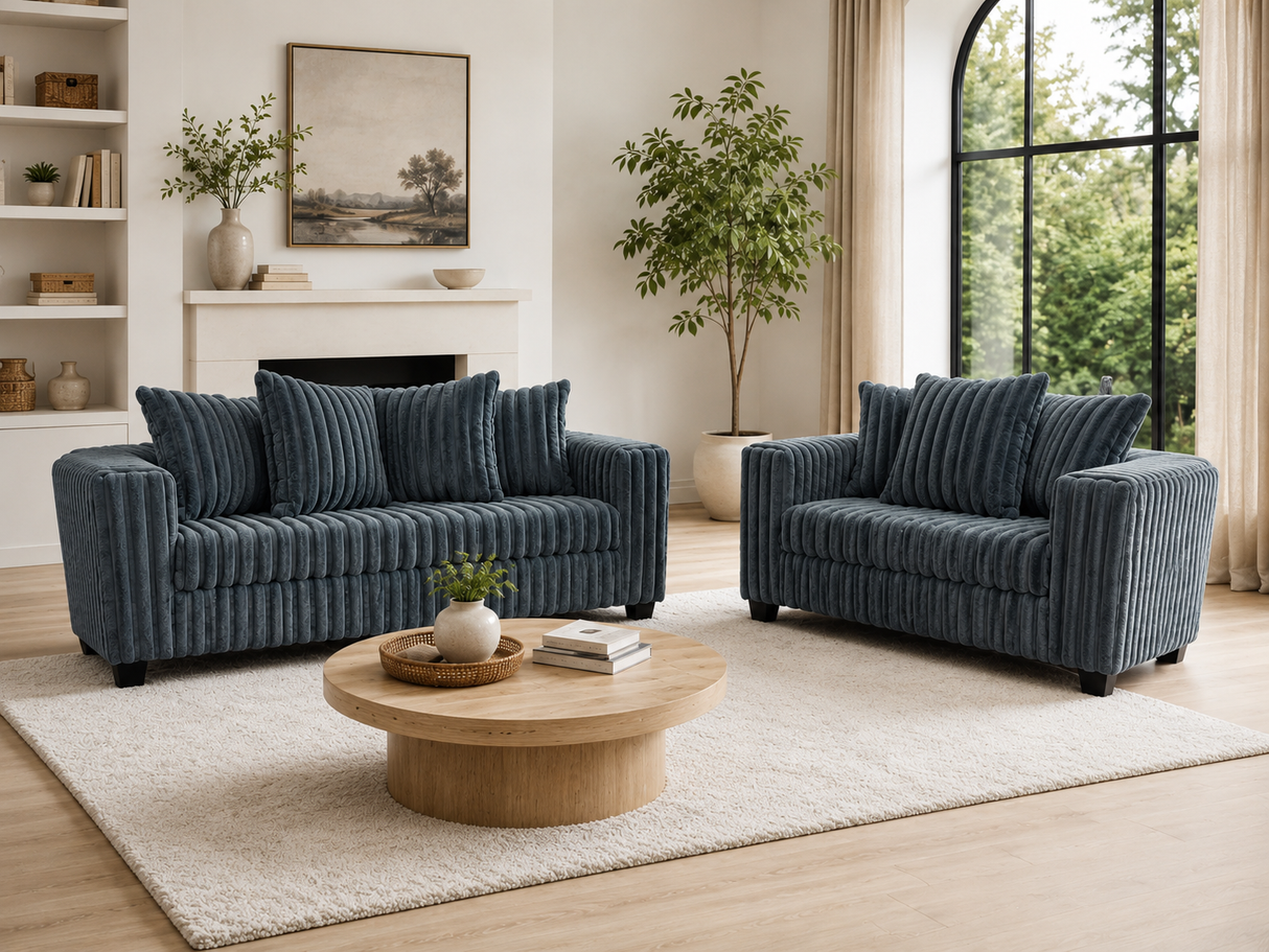 Modern Charcoal Ribbed Plush Fabric 2-Piece Sofa and Loveseat Set