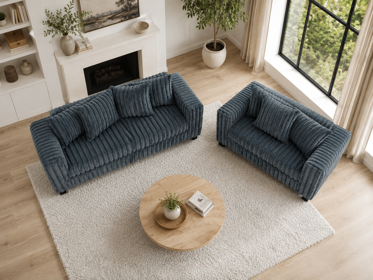 Modern Charcoal Ribbed Plush Fabric 2-Piece Sofa and Loveseat Set