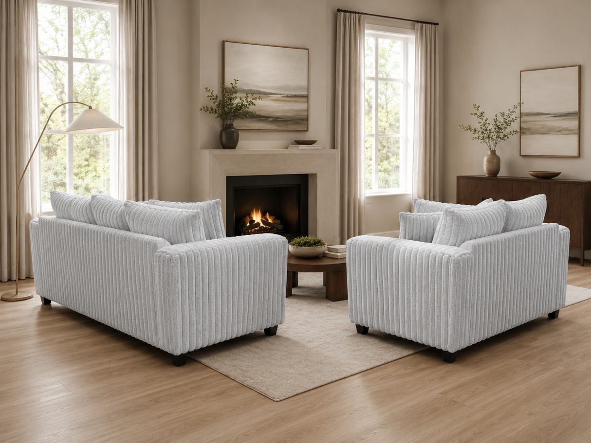 Modern Light Gray Ribbed Plush Fabric 2-Piece Sofa and Loveseat Set