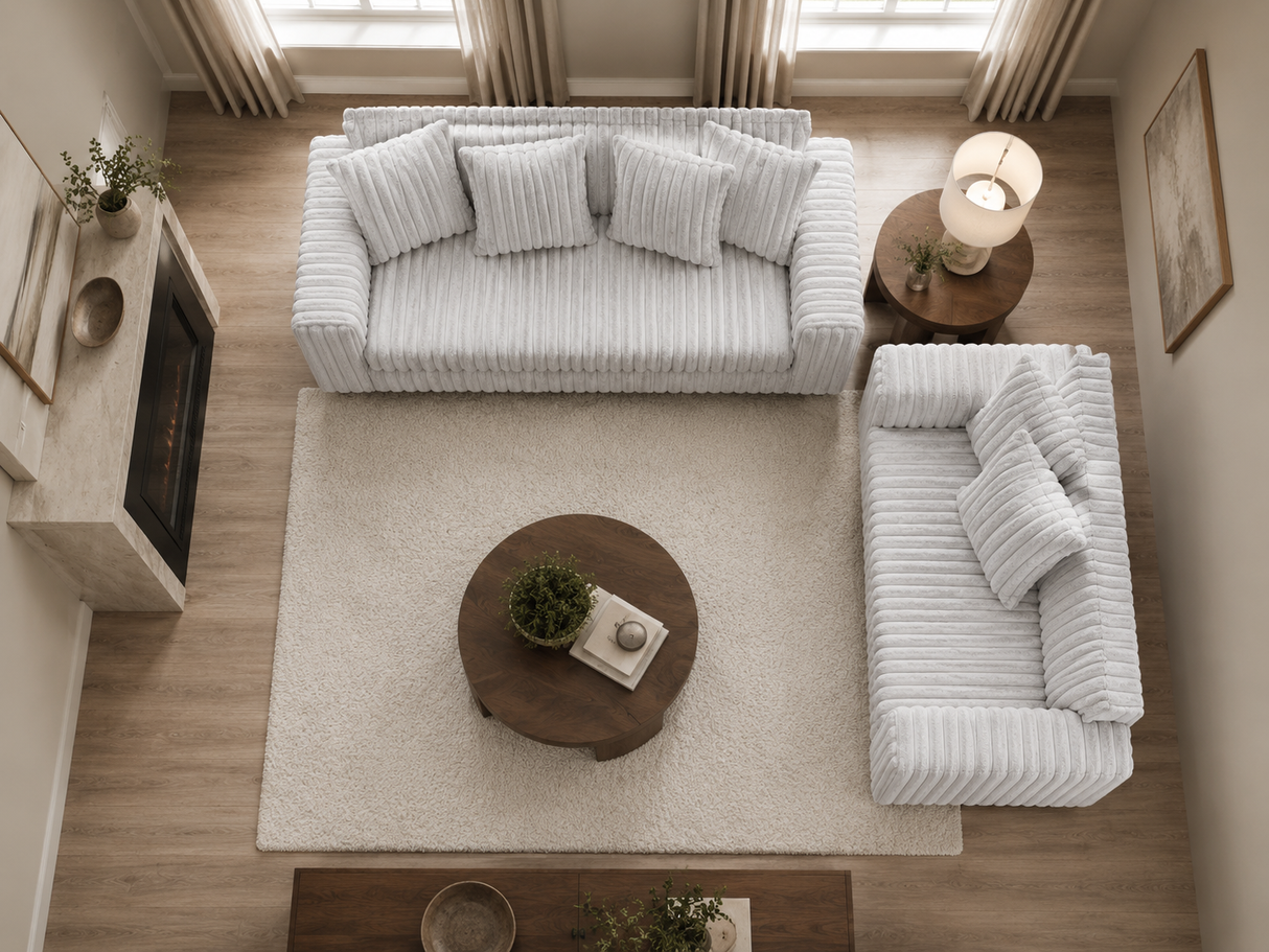 Modern Light Gray Ribbed Plush Fabric 2-Piece Sofa and Loveseat Set