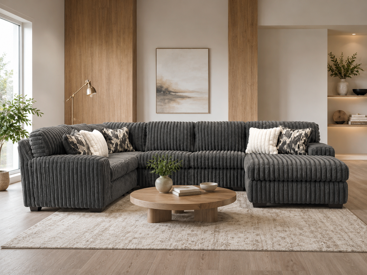Contemporary Charcoal Corduroy L-Shaped Sectional Sofa with Oversized Chaise, Deep Seating & Ribbed Plush Design