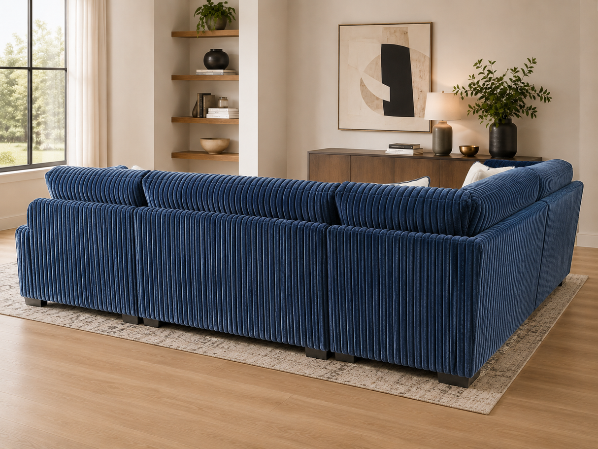 Contemporary Navy Blue Corduroy L-Shaped Sectional Sofa with Oversized Chaise, Deep Seating & Ribbed Plush Design
