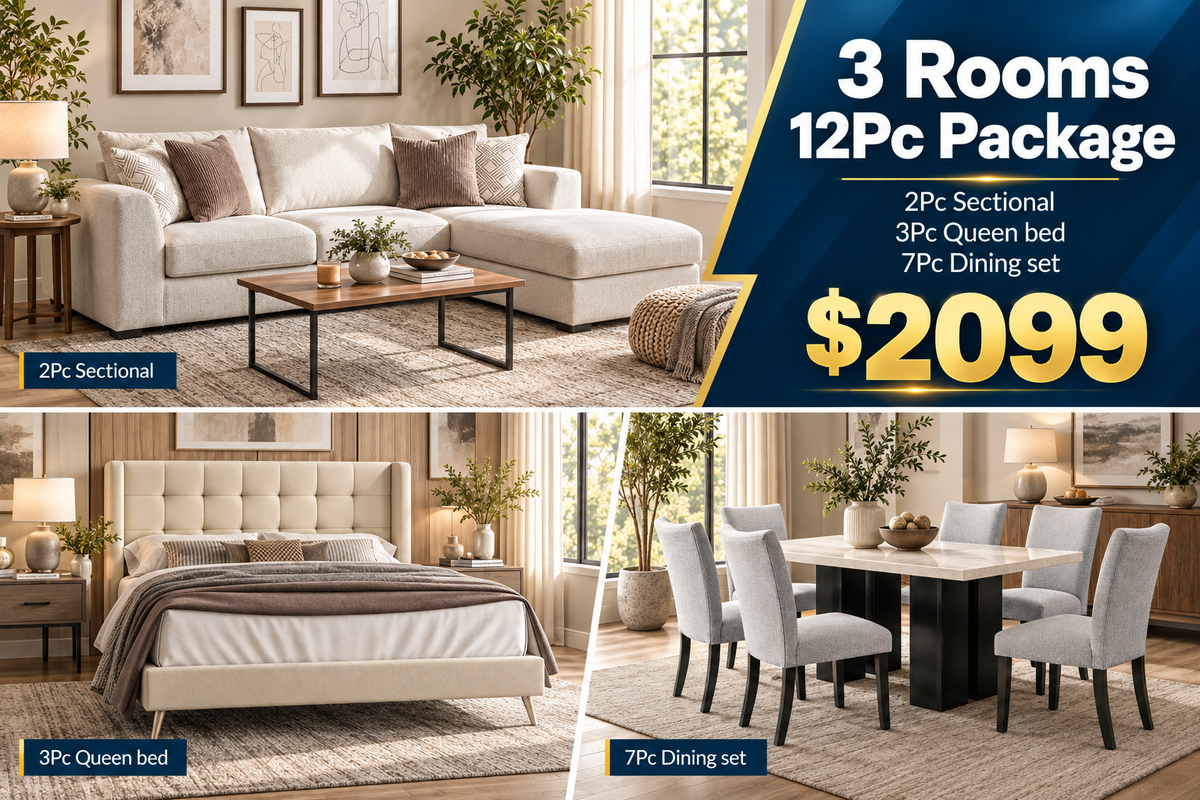 Cream 12-Piece 3-Room Furniture Package with Sectional, Queen Bed & Dining Set