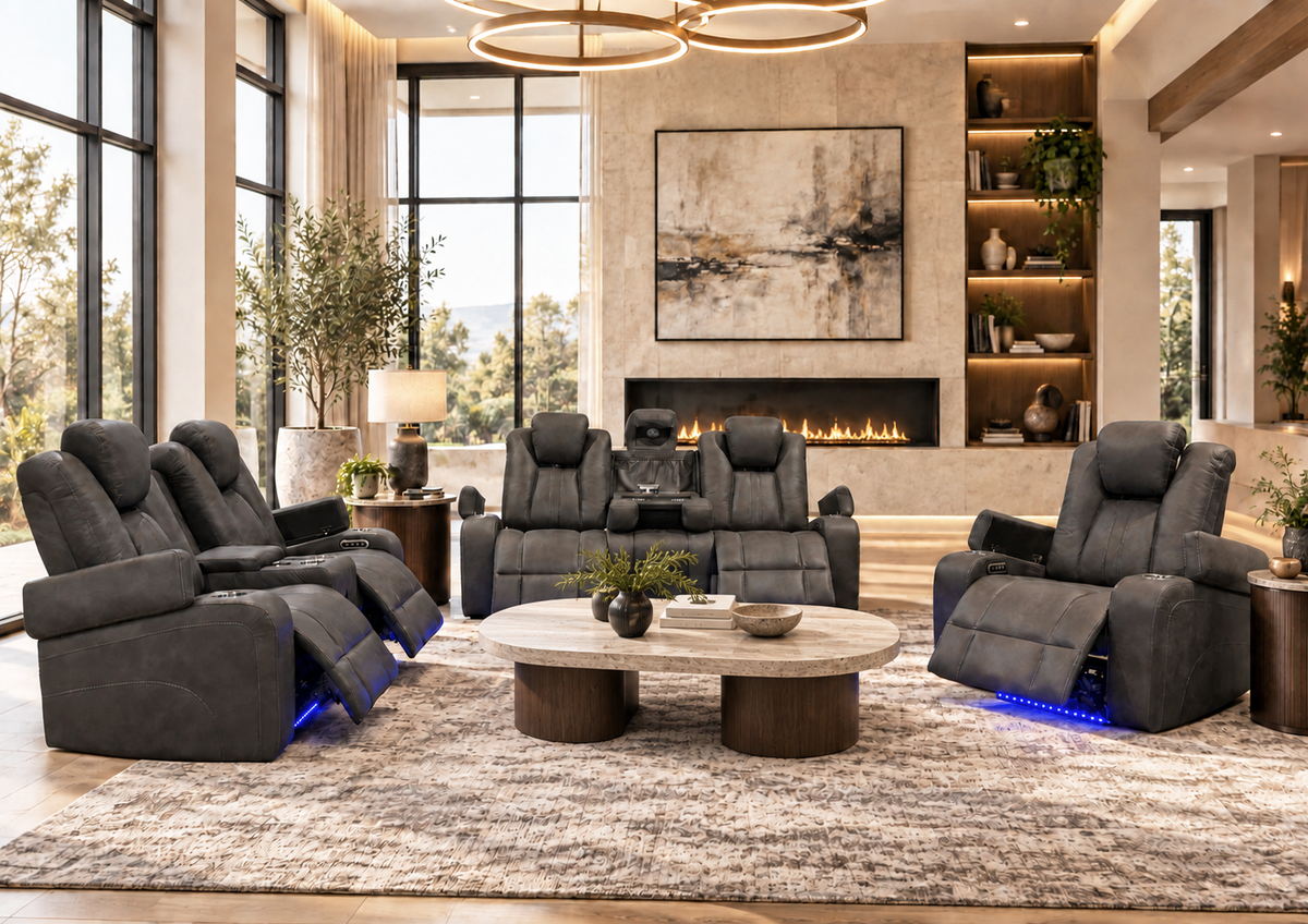 Gray 3-Piece Power Reclining Living Room Set with Power Headrests, LED Lights & Speakers