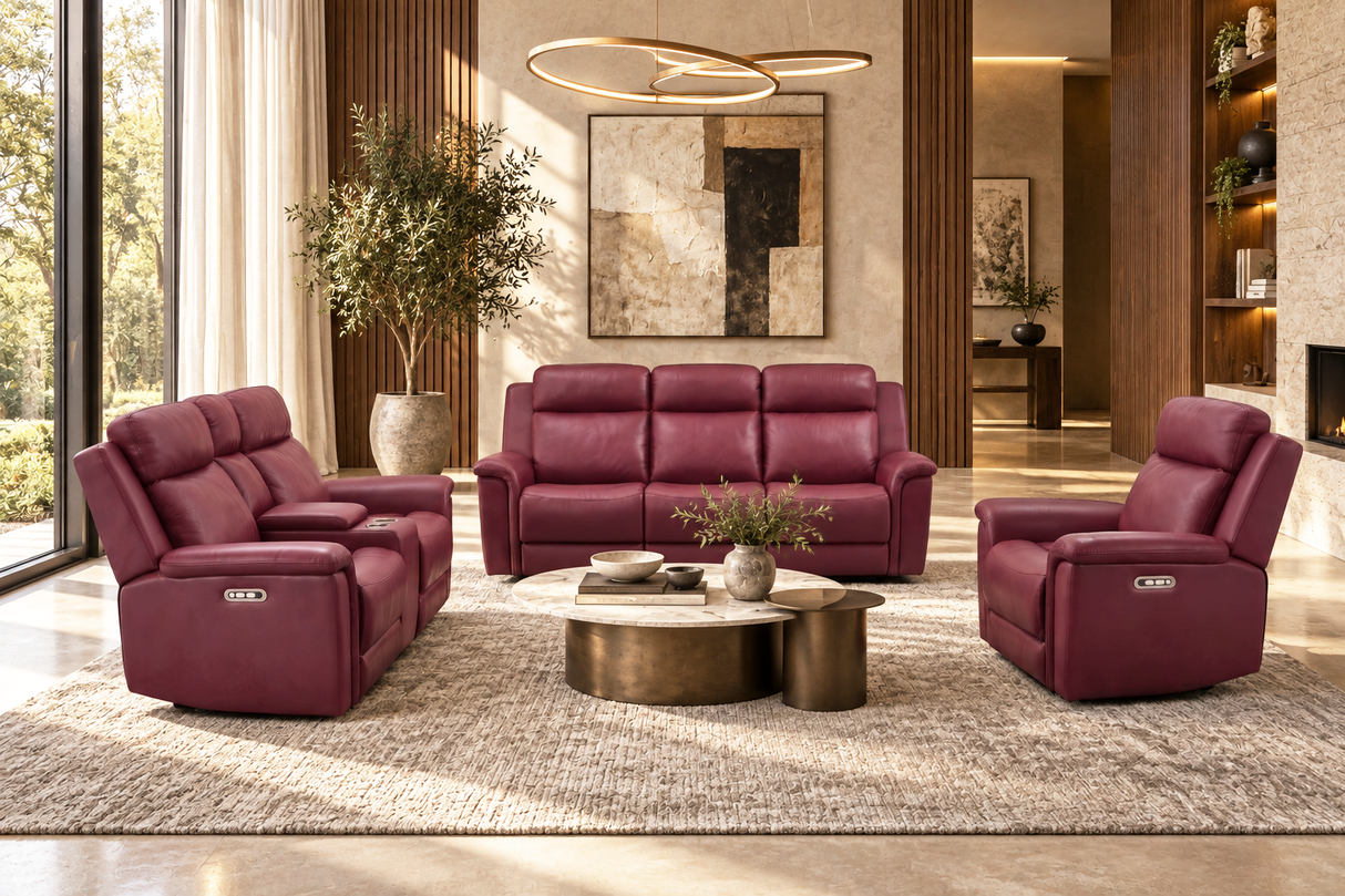 Red Top-Grain Leather 3-Piece Power Reclining Living Room Set with Power Headrests