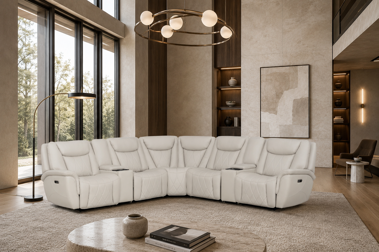 Light Gray 7-Piece Top Grain Leather Dual-Power Reclining Sectional with Wireless Charging