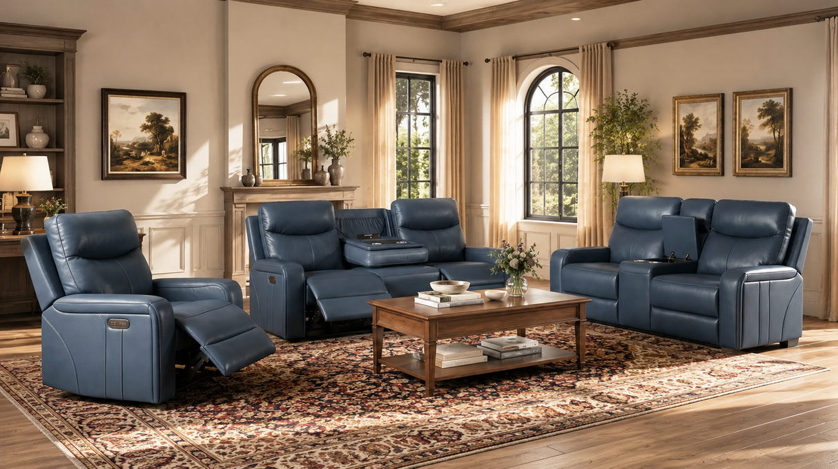 Blue Top-Grain Leather 3-Piece Power Reclining Living Room Set with Power Headrest