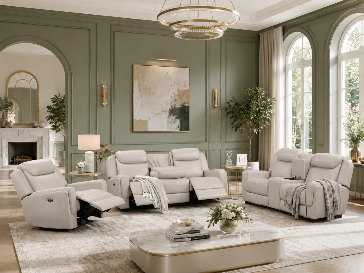 Contemporary Beige Air Leather 3-Piece Power Reclining Living Room Set with Console & USB