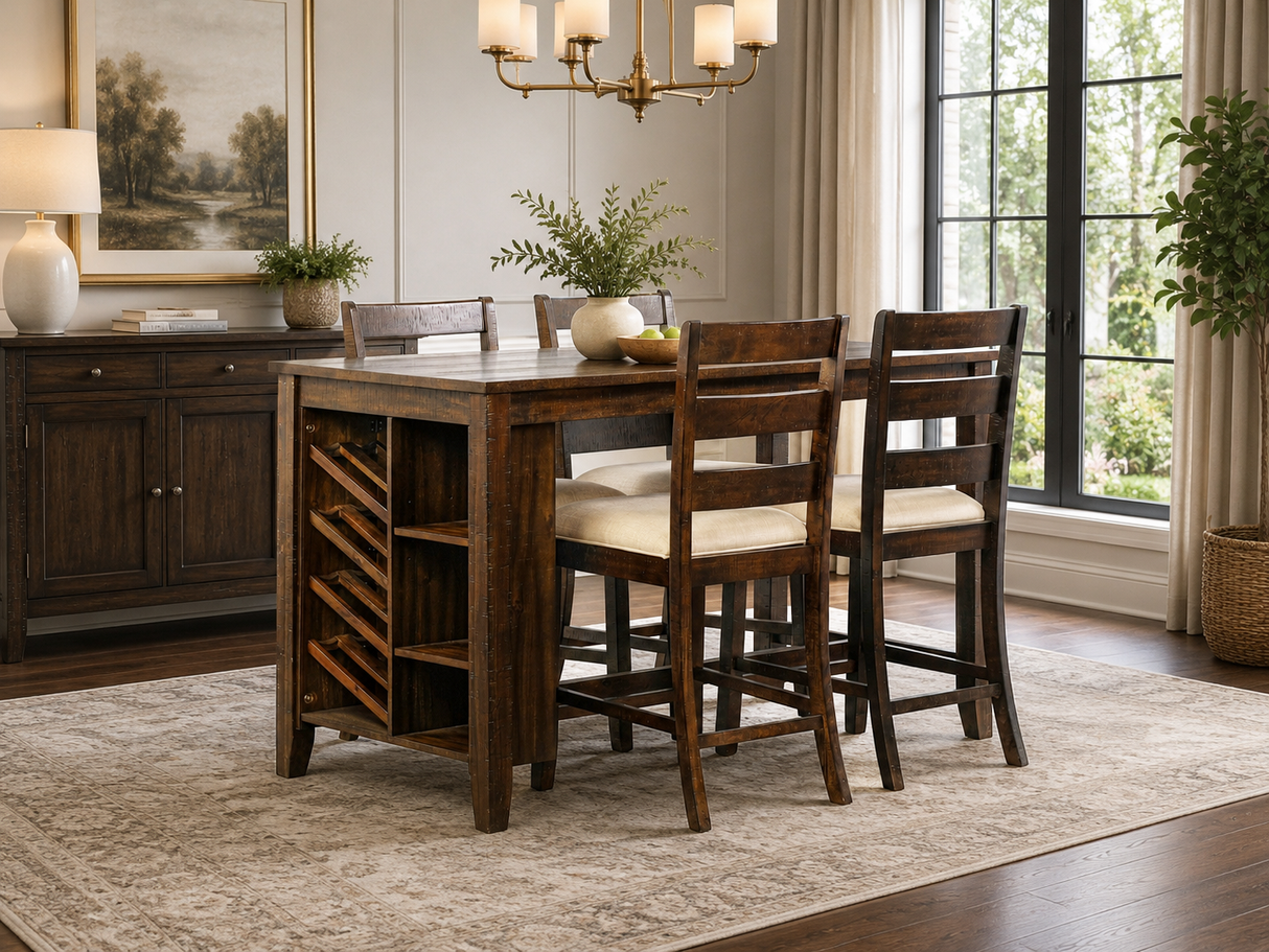 Cottage Dark Espresso 5-Piece Counter Height Pub Dining Set with Storage & Wine Rack