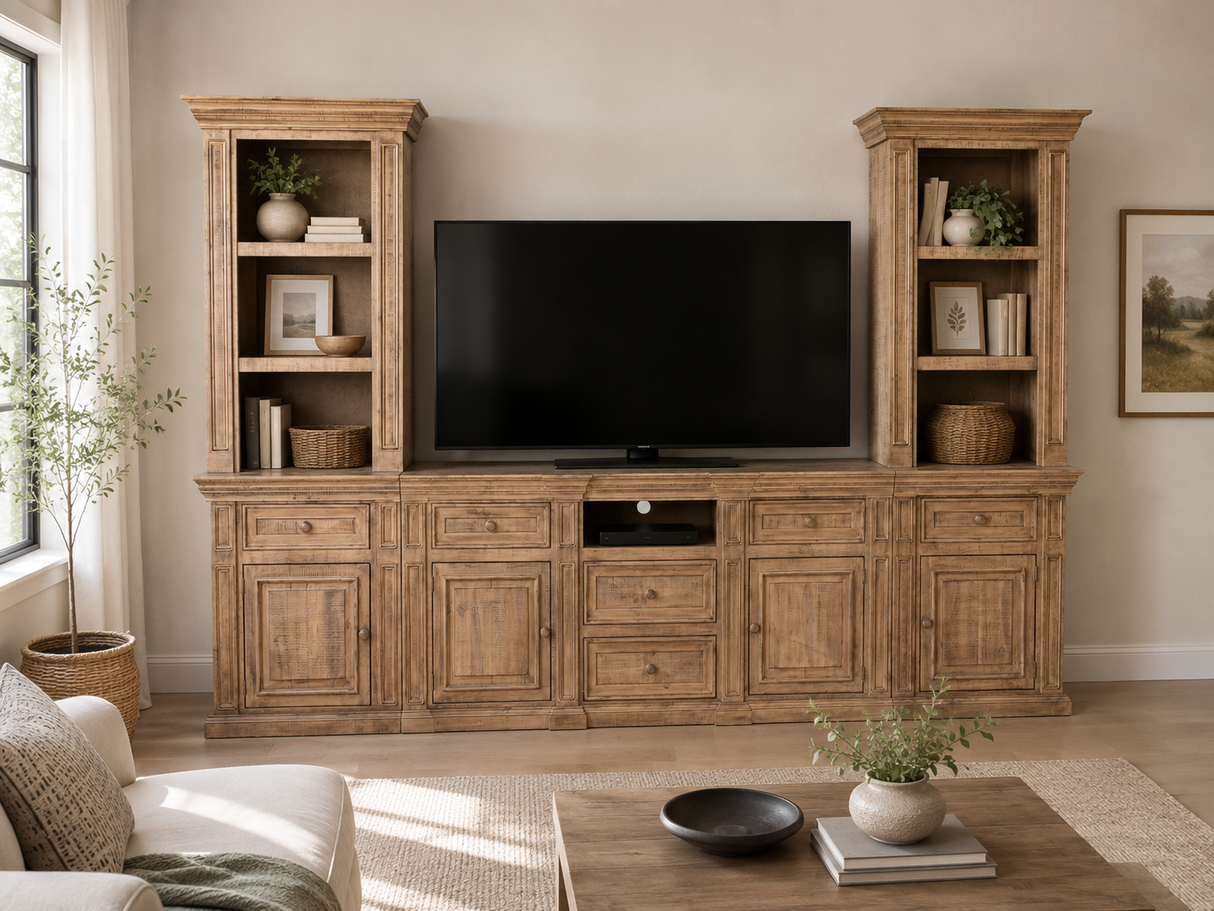 Rustic Brown 3-Piece Entertainment Wall Unit with Bookcase Piers & Storage Console